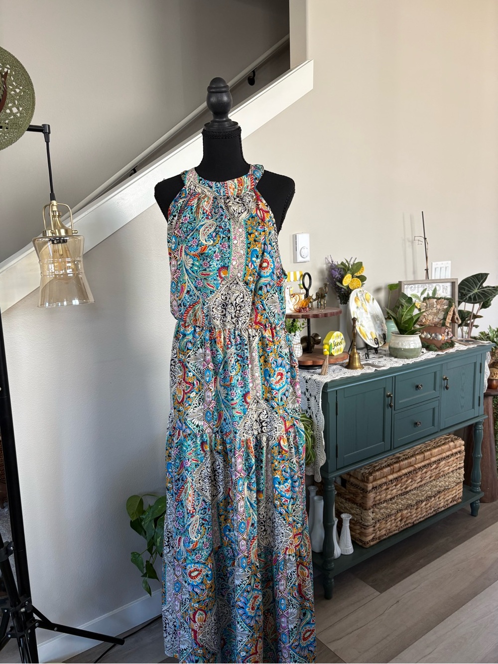 SHEIN Teal Paisley Halter Maxi Dress